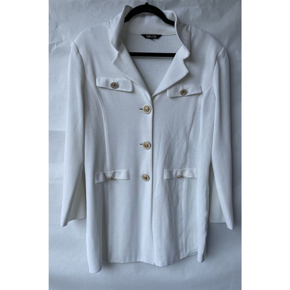 Misook  White  Acrylic Blend Knit Jacket Gold Button Faux Front Pockets Size L